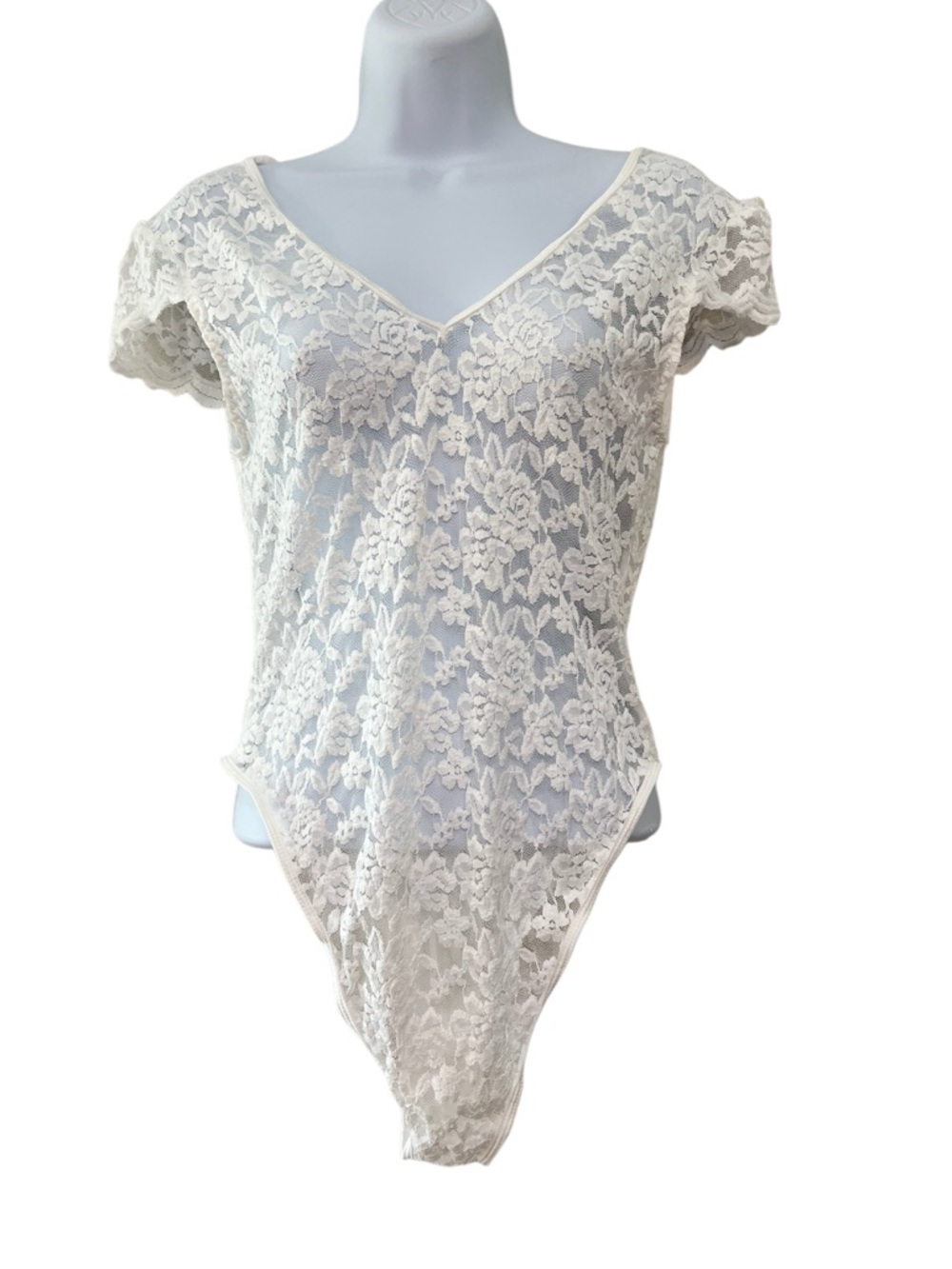 White Lace V Neck Bodysuit Cap Sleeve Sheer Floral Snap Closure - Picture 1 of 8